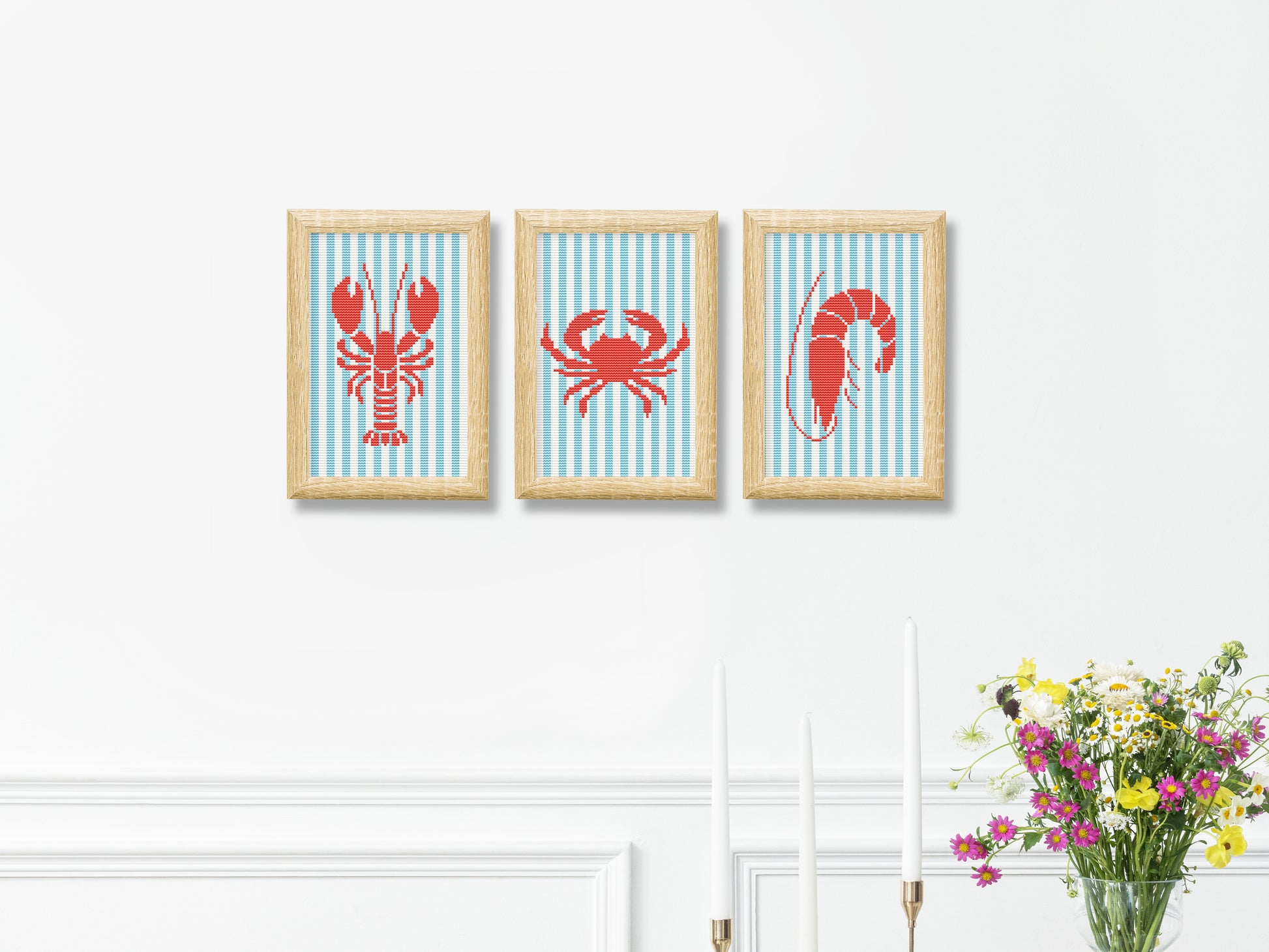 Shrimp trendy summer cross stitch pattern – modern seafood embroidery PDF