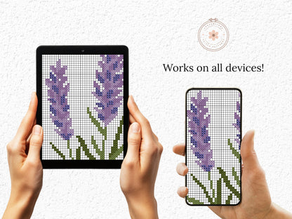 Meadow flower cross stitch pattern set – PDF charts of lavender, poppy, veronica, craspedia, and forget-me-not