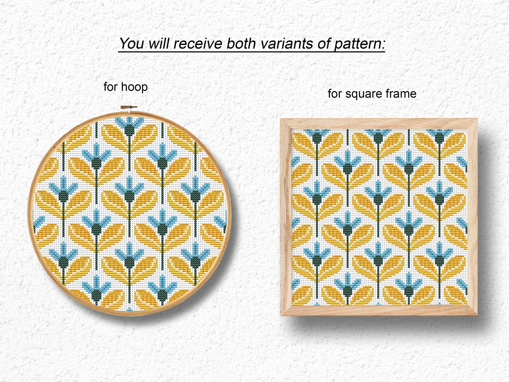 Yellow and blue geometric flowers cross stitch pattern, modern PDF embroidery design