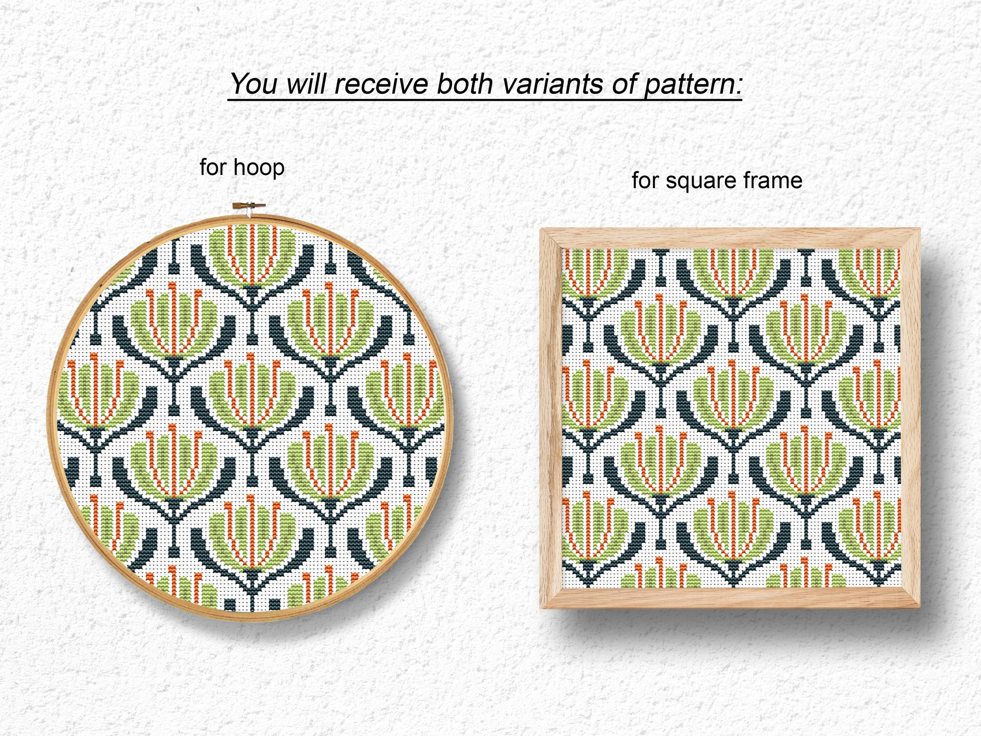 Green and red geometric flowers cross stitch pattern, modern PDF embroidery design