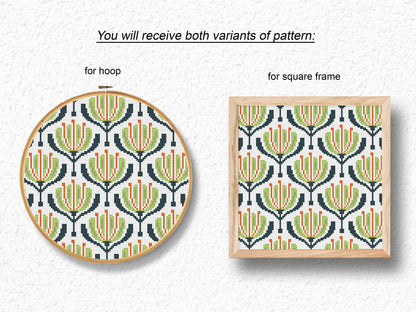 Green and red geometric flowers cross stitch pattern, modern PDF embroidery design