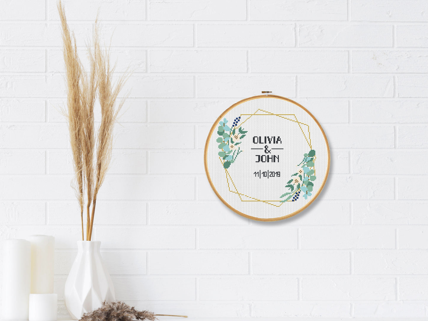 Wedding personalized cross stitch pattern – green leaves frame – modern botanical embroidery PDF with alphabet