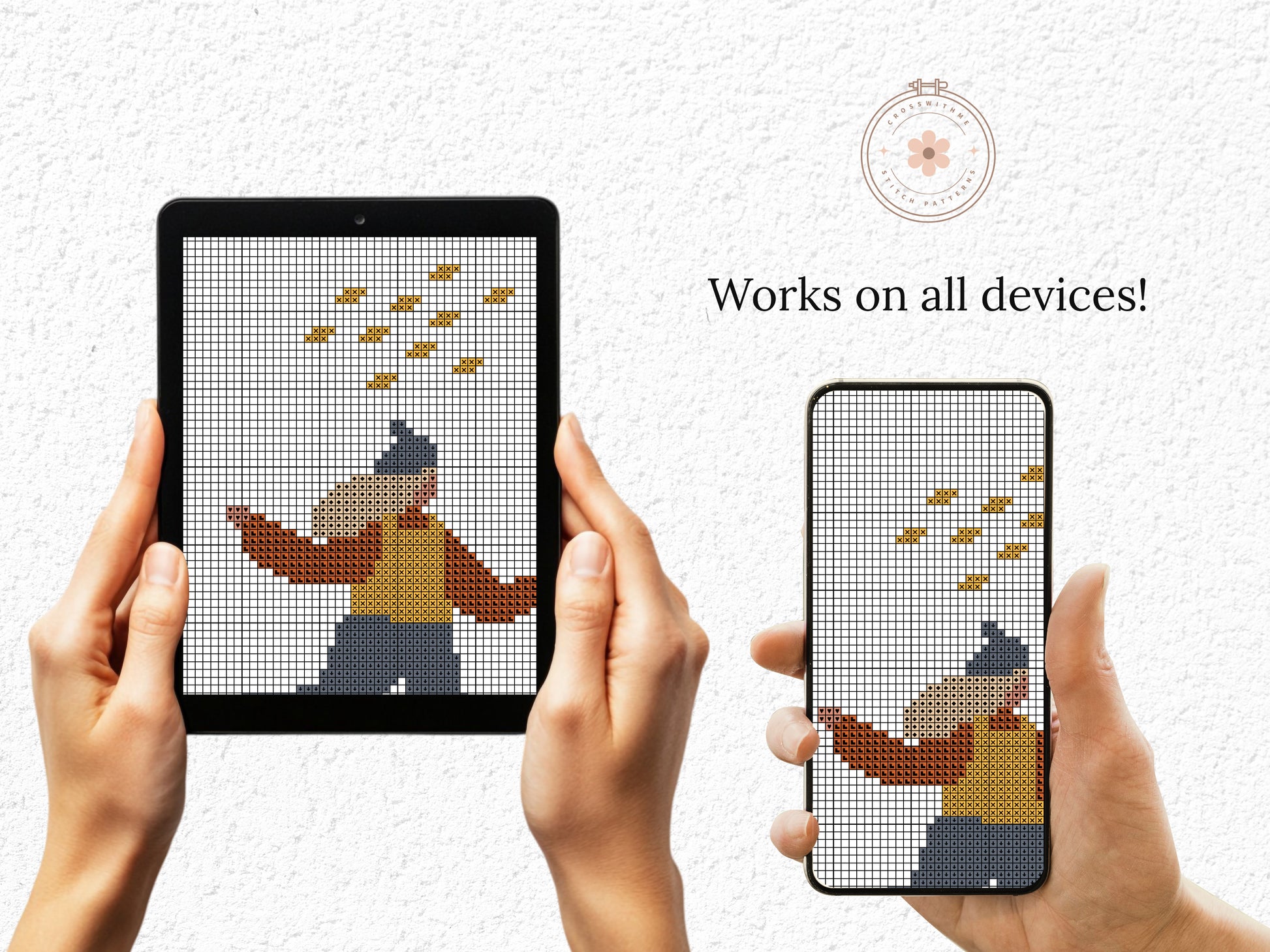 Set of three autumn cross stitch patterns with people, umbrellas, rain, and puddle