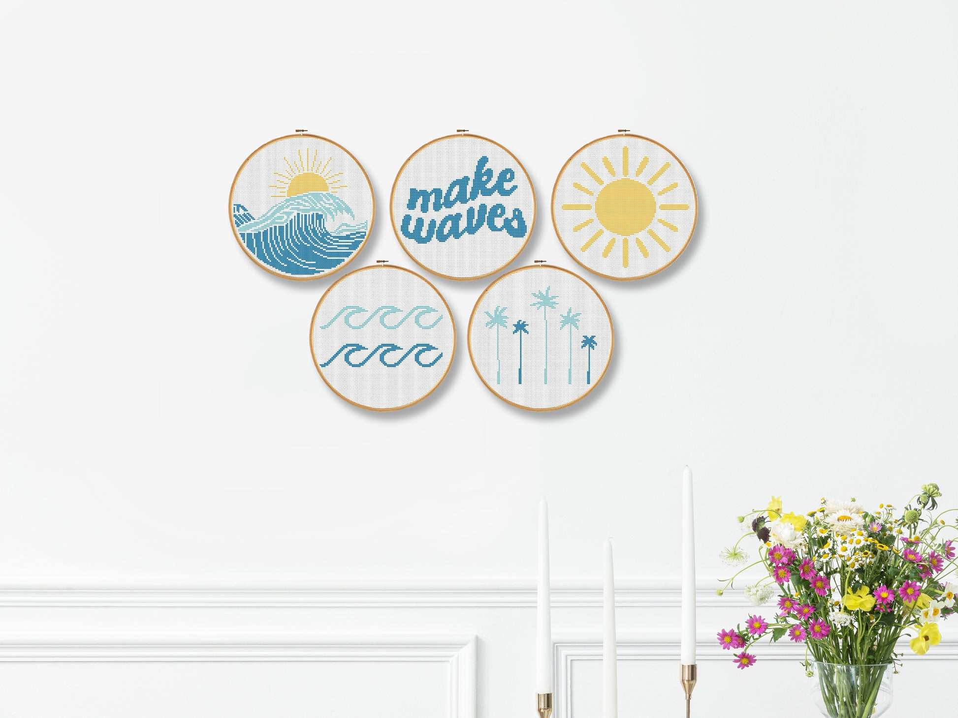 5 Sun and sea cross stitch patterns – surf vibes embroidery – modern beach PDF design