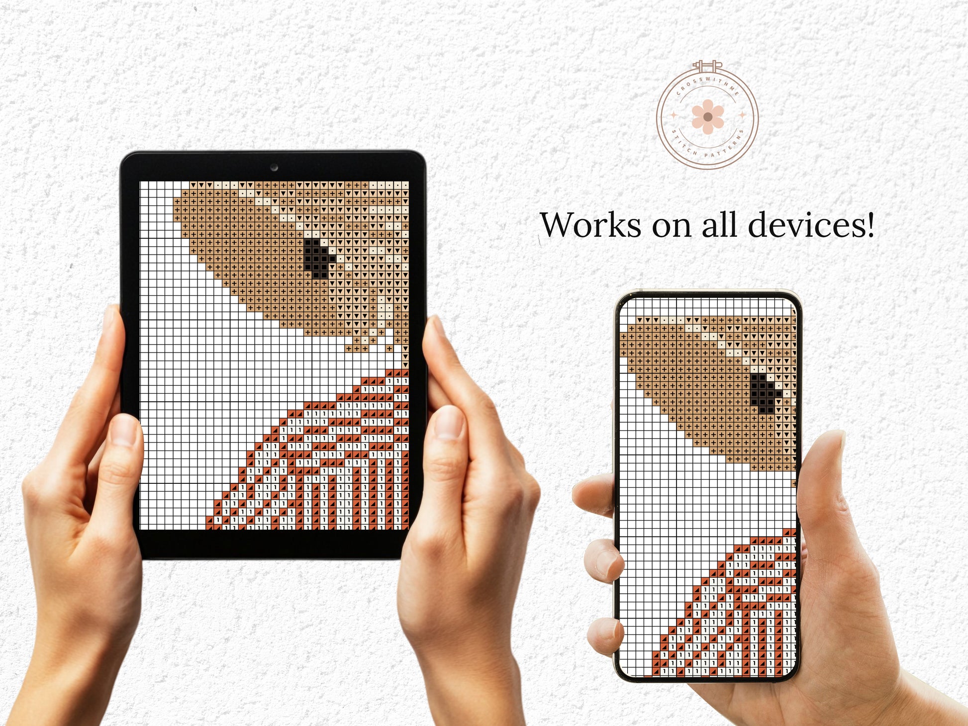 Cross stitch pattern of a woman in a hat looking at the ocean, minimalist summer beach PDF design