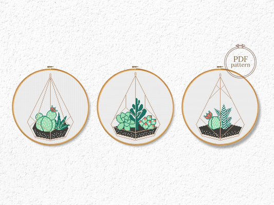 Set of 3 succulent terrarium cross stitch patterns, botanical plant embroidery designs