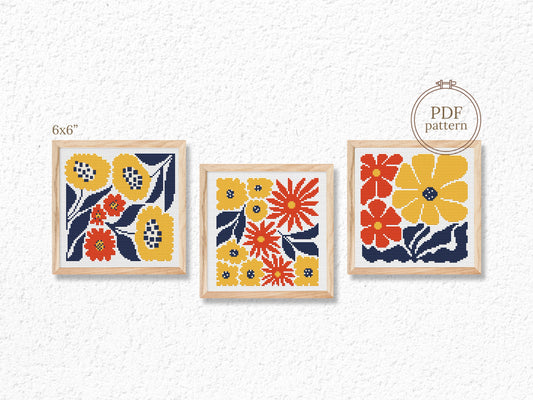 Set of 3 cozy autumn leaves and flowers cross stitch patterns