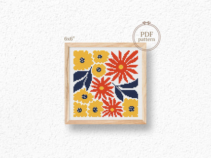Cozy autumn bouquet of flowers cross stitch pattern, fall embroidery design