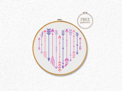 Arrows in Heart Shape – Free Cross Stitch Pattern PDF – Minimalist Modern Embroidery Design