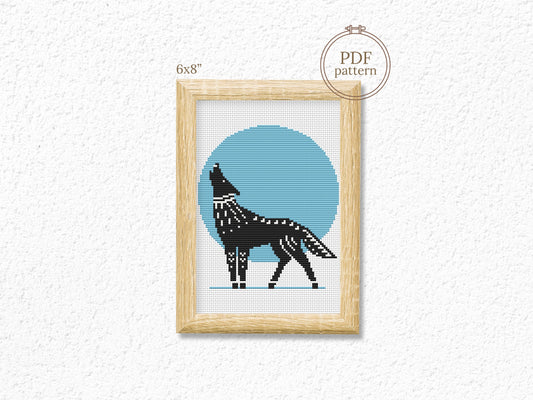Scandinavian wolf cross stitch pattern, Nordic folk embroidery design
