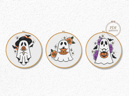 Set of three spooky Halloween ghost cross stitch patterns