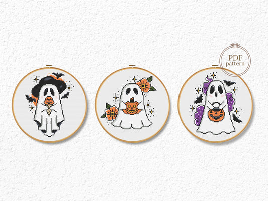 Set of three spooky Halloween ghost cross stitch patterns