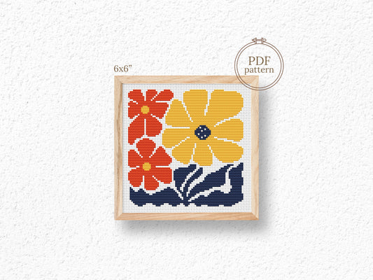 Yellow and red fall flowers cross stitch pattern, autumn floral embroidery design