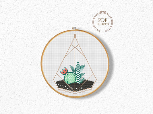 Succulent terrarium cross stitch pattern, stylish plant embroidery design
