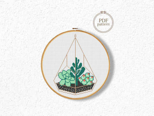 Modern succulents in glass terrarium cross stitch pattern, botanical embroidery design