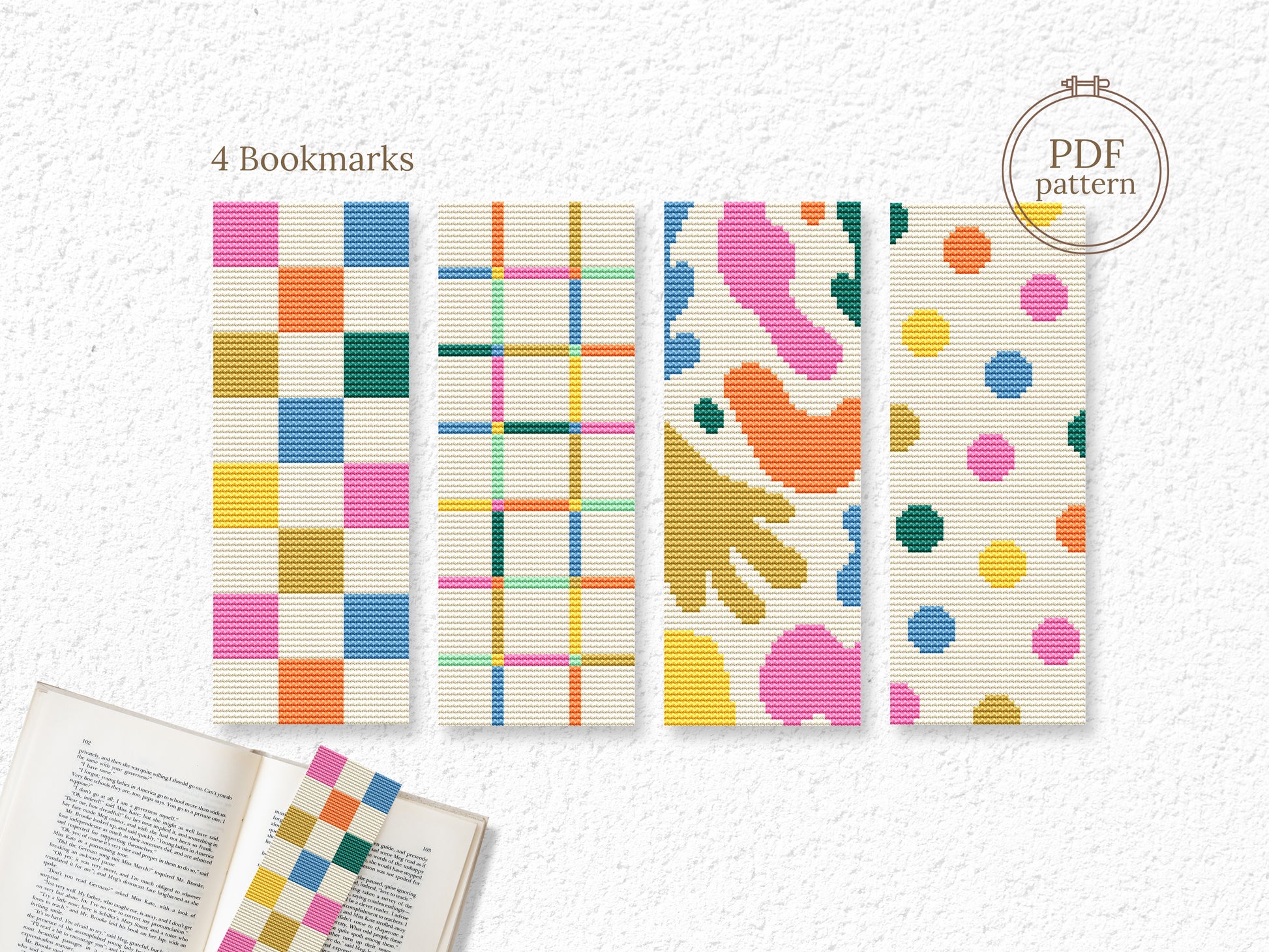 Modern abstract cross stitch bookmark set – 4 colorful minimalist PDF patterns for book lovers