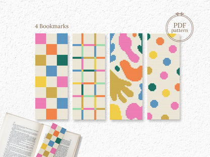 Modern abstract cross stitch bookmark set – 4 colorful minimalist PDF patterns for book lovers