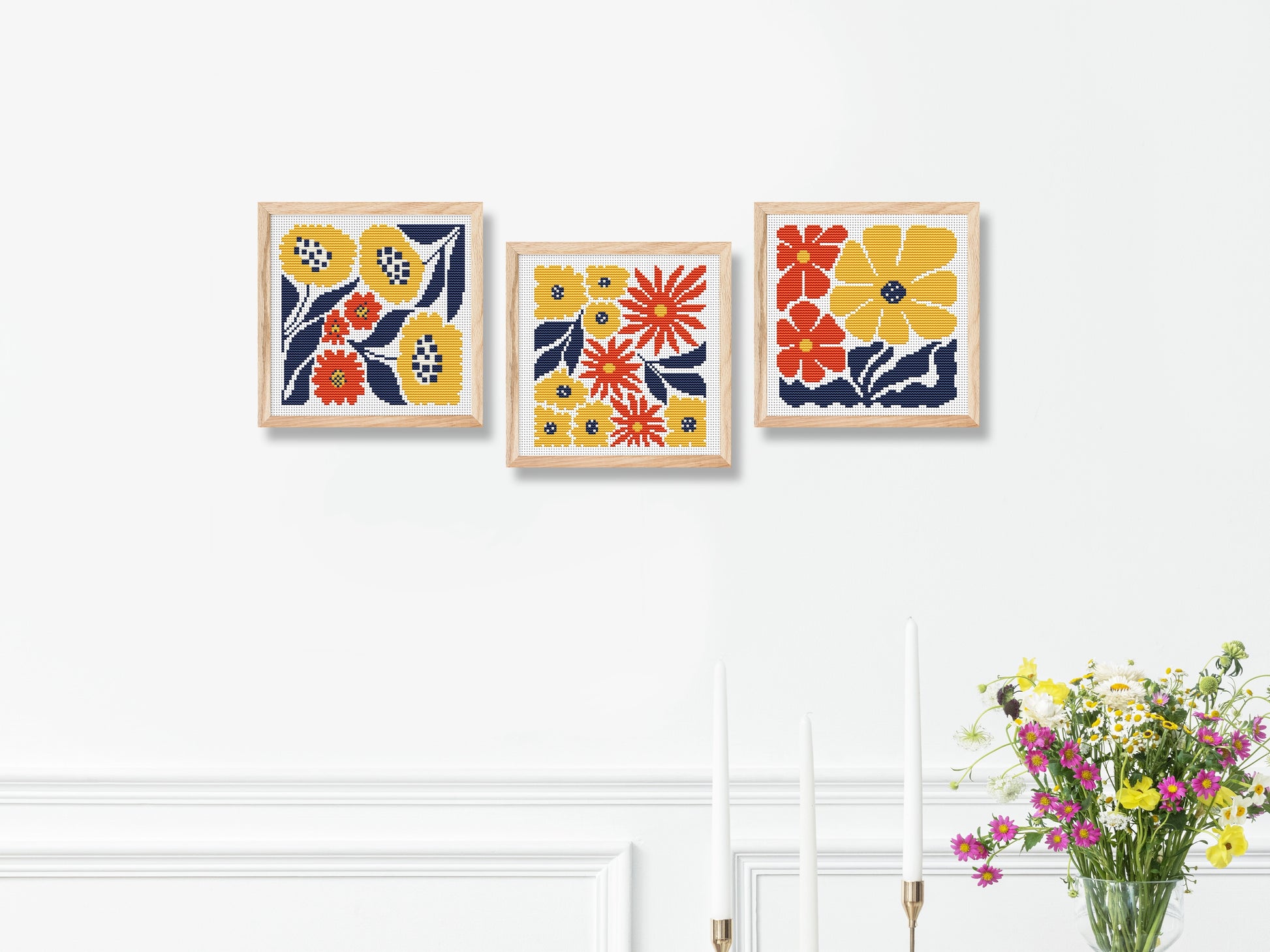 Set of 3 cozy autumn leaves and flowers cross stitch patterns