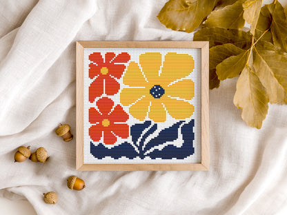 Yellow and red fall flowers cross stitch pattern, autumn floral embroidery design