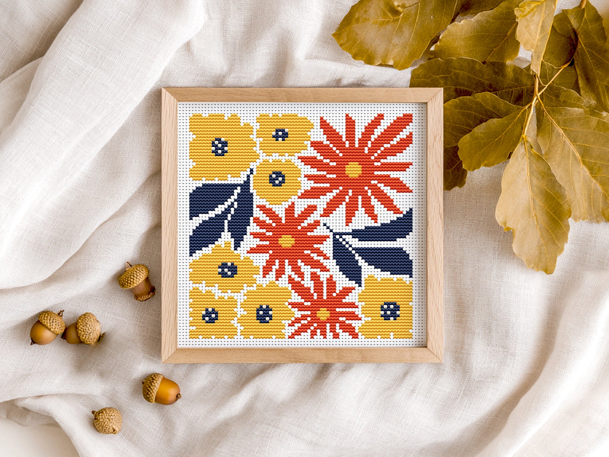 Cozy autumn bouquet of flowers cross stitch pattern, fall embroidery design