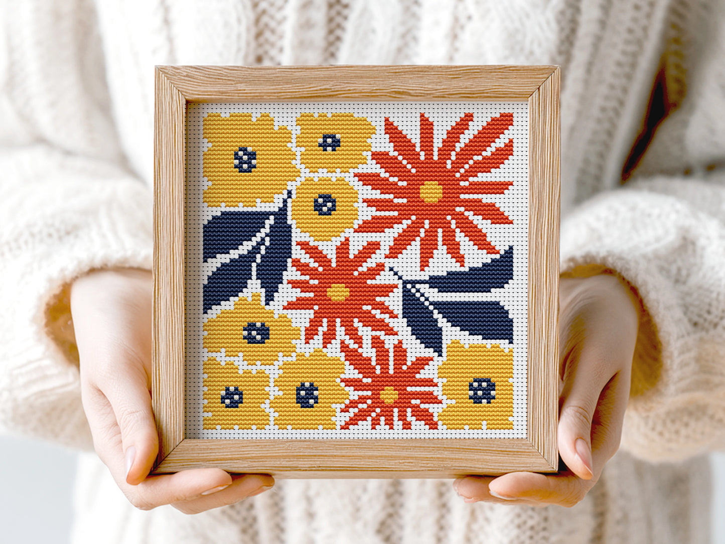 Cozy autumn bouquet of flowers cross stitch pattern, fall embroidery design