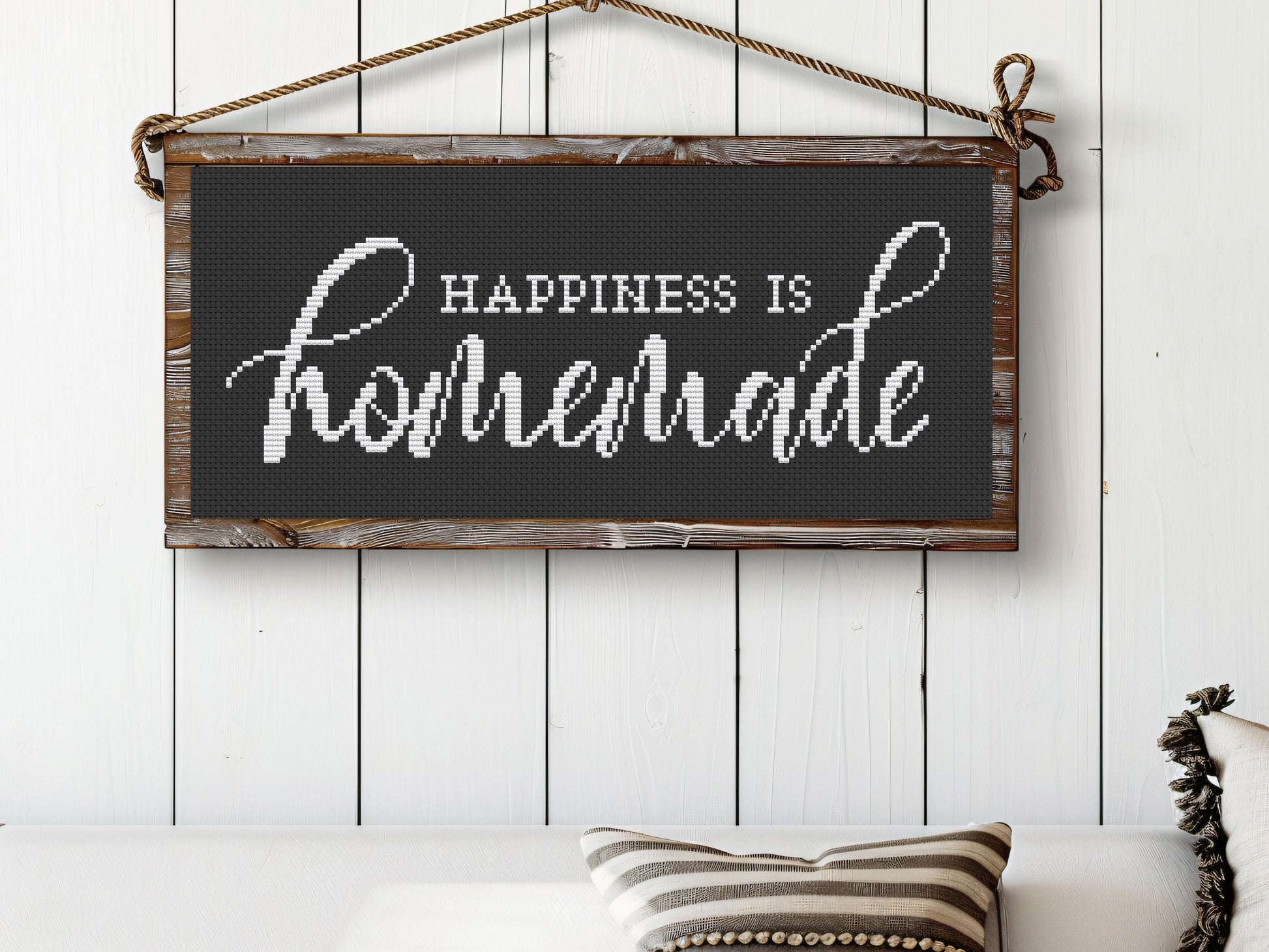 “Happiness is Homemade” cross stitch pattern – rustic farmhouse quote – PDF embroidery design