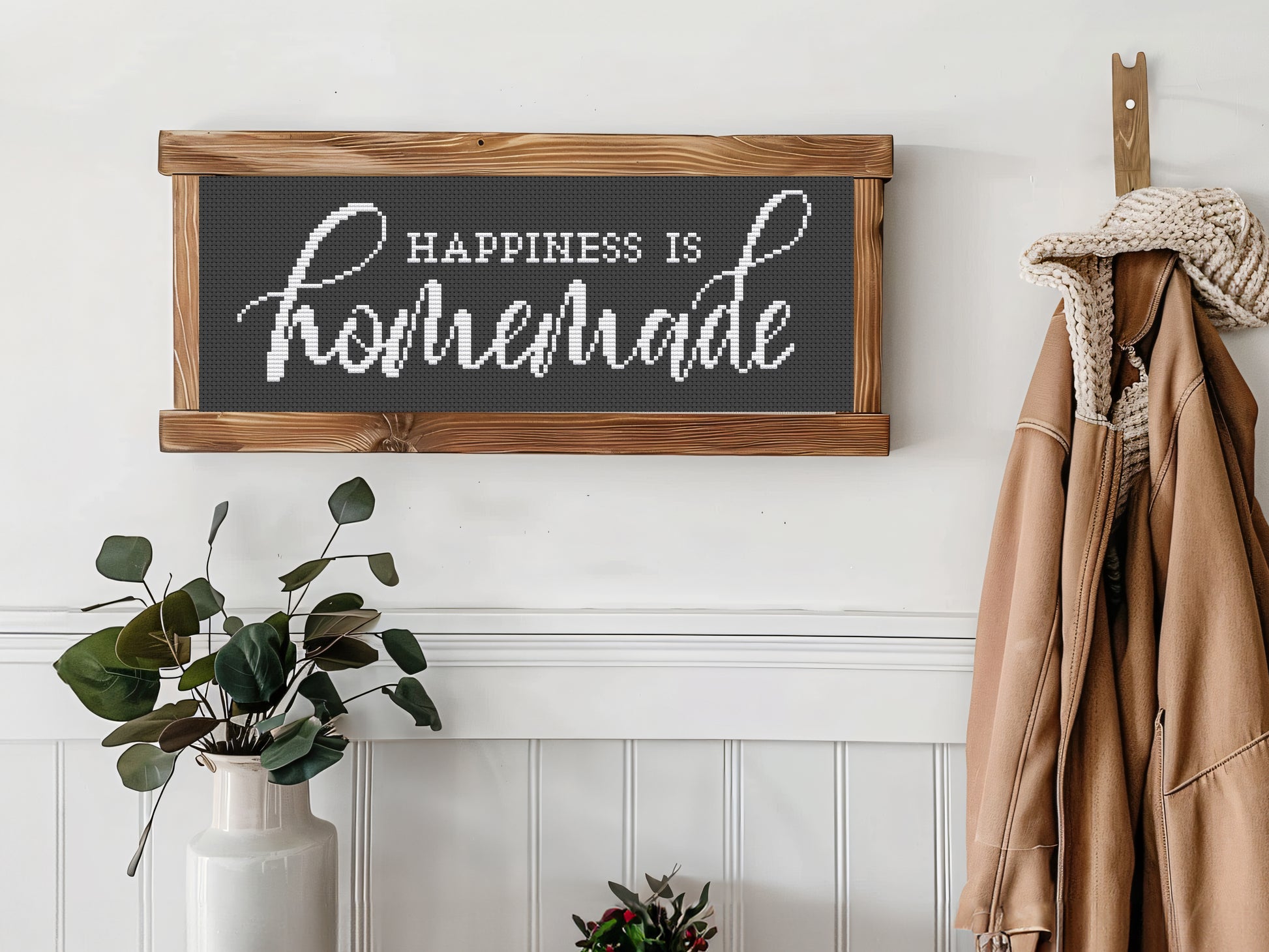 “Happiness is Homemade” cross stitch pattern – rustic farmhouse quote – PDF embroidery design
